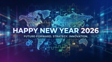 Happy new year 2026 message over a world map built from electronic circuit puzzle pieces, symbolizing global connectivity, tech innovation, strategic planning and digital growth