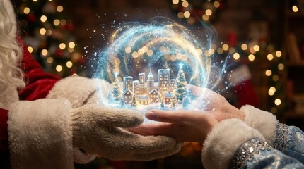 Naklejka premium Santa claus and snow maiden are holding a glowing magical snow globe featuring a festive winter village scene, symbolizing holiday wonder and the spirit of christmas