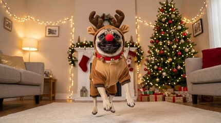 Pug dog wearing a festive reindeer costume with a red nose and jingle bells, standing happily in a decorated living room with a christmas tree and fireplace