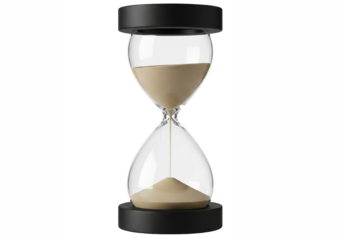 Classic hourglass with sand flowing from top to bottom symbolizing the passage of time and countdown isolated on transparent background