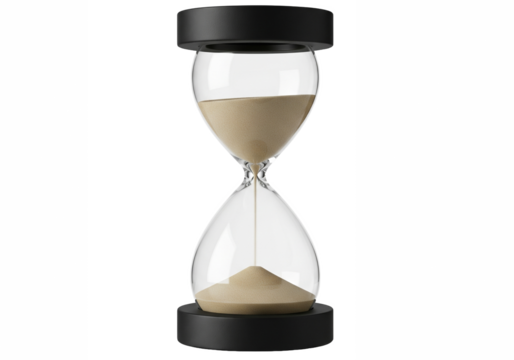 Classic hourglass with sand flowing from top to bottom symbolizing the passage of time and countdown isolated on transparent background
