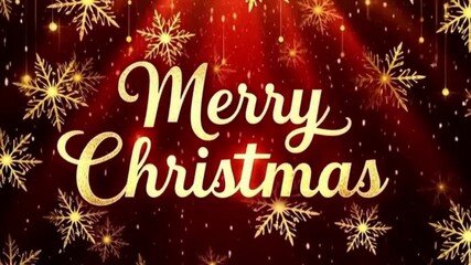 Red glitter backdrop with warm sparkling fairy lights, rotating golden snowflakes, gentle snowfall, Merry chirstmas greeting text reveal with glowing edges, premium digital card animation