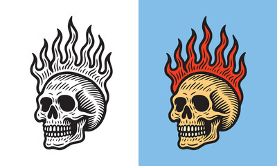 A skull with rising flames above it, drawn with bold lines and intense detailing for a dramatic look.