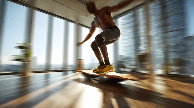 Balanced athlete on a wobble board, illuminated by natural light streaming through tall windows.