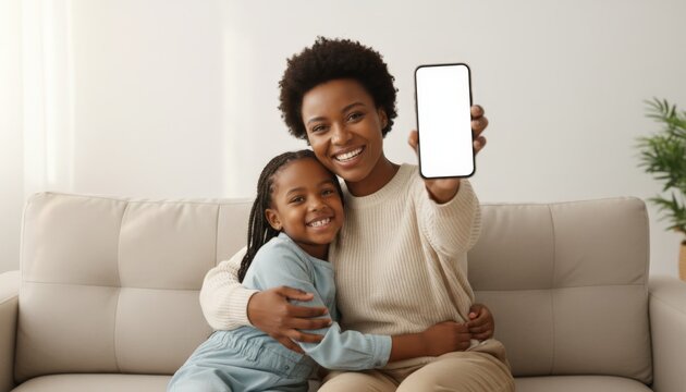 African american mother and daughter sitting on a couch, smiling and showing a blank white smartphone screen, demonstrating a new app or online service - Powered by Adobe