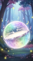 Naklejka premium Glowing, multicolored percussion instrument floats within an enchanted, dim forest setting