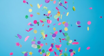 Vibrant and Festive Confetti Cascading Joyfully in a Myriad of Colors Against a Bright Blue Background, Celebrating Happiness