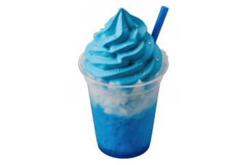 Blue soft serve ice cream with shaved ice in a clear plastic cup isolated on a transparent background