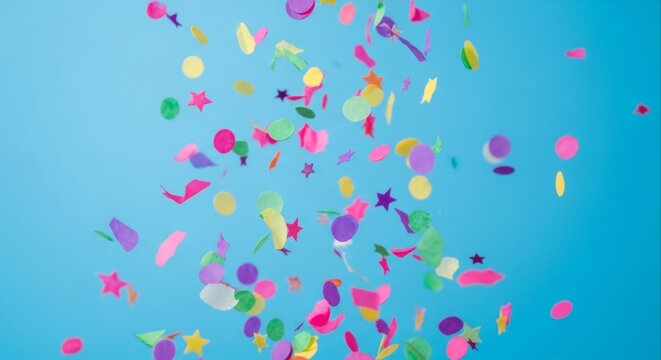 Vibrant and Festive Confetti Cascading Joyfully in a Myriad of Colors Against a Bright Blue Background, Celebrating Happiness
