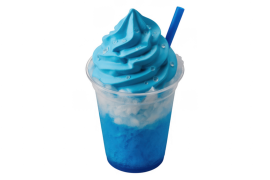 Blue soft serve ice cream with shaved ice in a clear plastic cup isolated on a transparent background