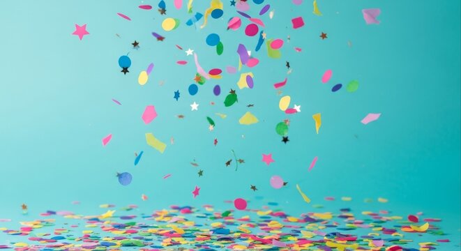 A dynamic shower of vibrant, multi-colored paper confetti gracefully descending onto a serene blue surface, symbolizing joy and celebration