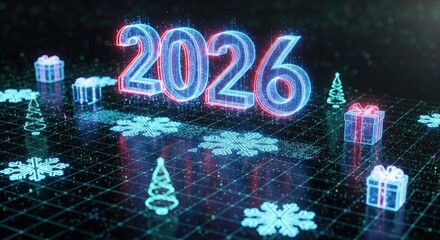 Futuristic 2026 new year design glowing neon numbers with gift boxes and snowflakes for holiday celebration and digital greeting cards