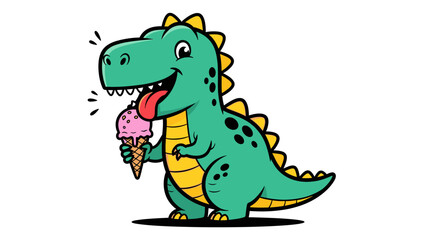 Naklejka premium Cartoon dinosaur enjoying ice cream cone against a white background vector illustration