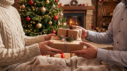 Hands of a couple exchanging gifts with festive wrapping paper and ribbons, celebrating christmas together in a cozy living room with a decorated tree and fireplace, sharing love and holiday spirit
