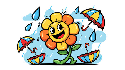 Cartoon flower in rain with umbrellas illustration happy character in the storm