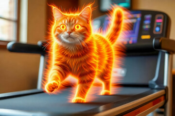 A cat resembling a flame or fire runs on an indoor treadmill. Glow and speed effect, intense workout, fitness concept.