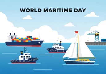 Celebrate world maritime day with cargo ship, tugboat, and sailboat on the sea against a backdrop of clouds and a coastal port