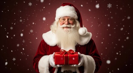 Smiling Santa Claus holding a festive red gift box during a magical snowfall on a dark red background