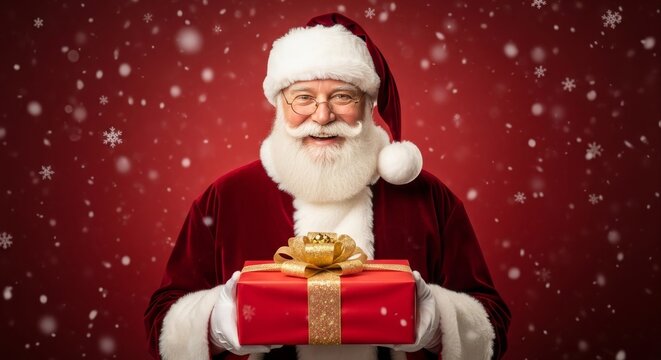 Santa Claus holding a Christmas present, spreading festive holiday cheer with snowflakes in the background