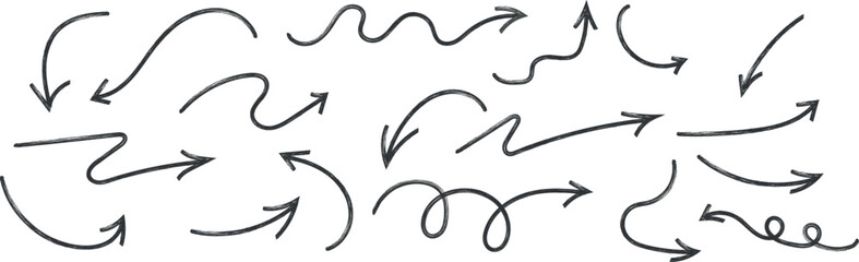 Hand drawn diverse arrows pointing direction set vector graphic illustration