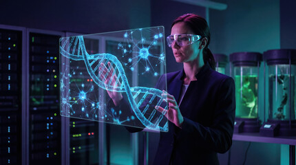 Woman Scientist Interacting with Holographic DNA Display