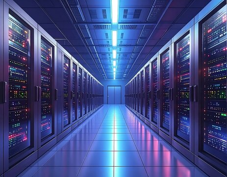 A perspective view of a data center corridor with servers