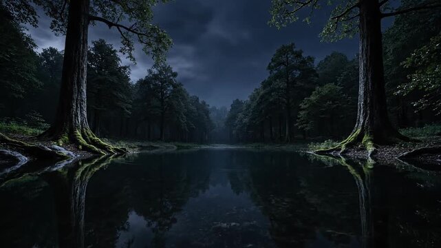 Dramatic forest lake scene with lightning striking the sky and reflecting on the water