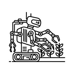 Outline icon of agricultural robot tending to small plant sprout