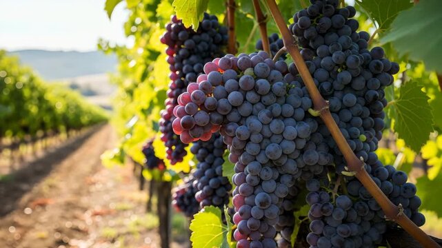 Ripe dark red grapes hanging on vine vineyard rows golden hour sunlight bokeh background 4K Ai HD high quality video.
