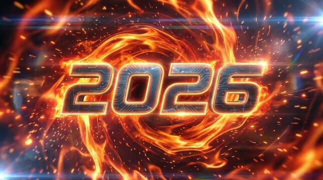 Futuristic 2026 numbers rendered in a circuit board style, illuminating with orange fire flames and sparks, against a dark background with light flares