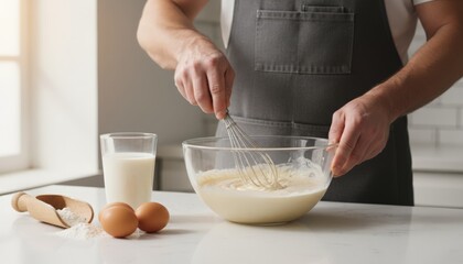Man wearing an apron is whisking ingredients in a glass bowl to create fresh batter, with milk, eggs, and flour on a white kitchen counter for homemade cooking