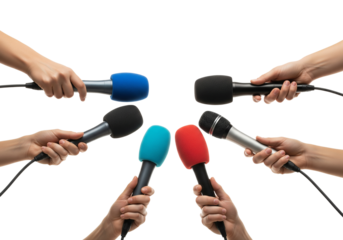 Multiple hands holding microphones in a circle facing inwards on a black background isolated on transparent background