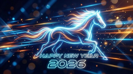 Dynamic neon glowing horse design with radiating lines and bokeh effects creating a festive and abstract depiction of the chinese new year 2026, the year of the horse