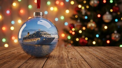 Christmas ornament holding a cruise ship on the ocean, symbolizing holiday travel and festive vacation dreams presented on a rustic wooden table with bokeh lights in the background