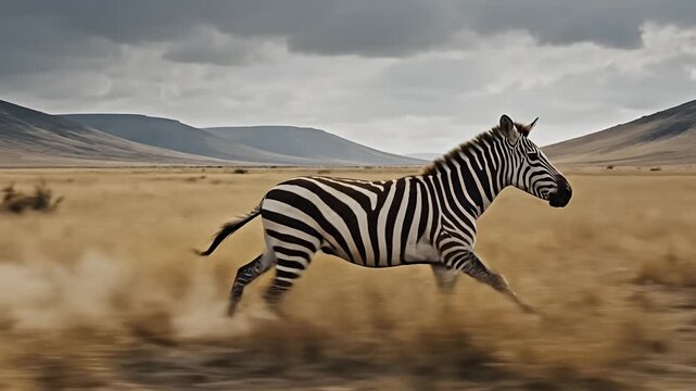 Majestic Zebra Galloping Across the Golden African Savanna Kicking Up Dust Under a Dramatic Cloudy Sky Dynamic Wildlife Scene Capturing Speed and Wilderness