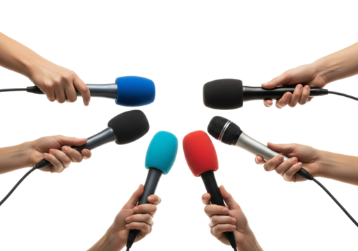 Multiple hands holding microphones in a circle facing inwards on a black background isolated on transparent background