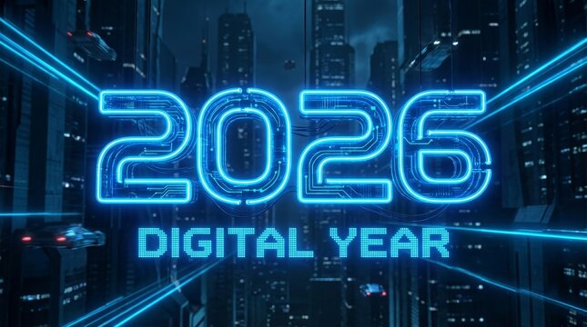 Digital year 2026 showing neon circuit board numbers and digital year text, symbolizing future technology, innovation, and computing advancements in a cyberpunk city - Powered by Adobe