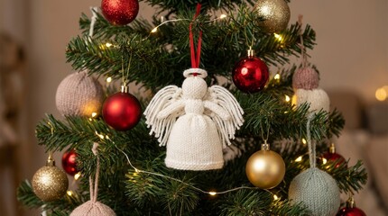 Obraz premium Christmas tree branches holding a white knitted angel ornament among red and gold baubles, creating a cozy and festive holiday atmosphere with glowing fairy lights in the background