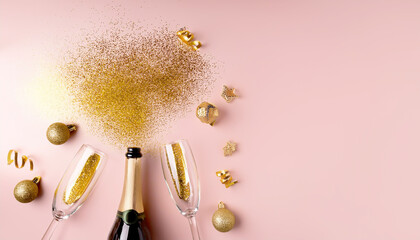 Sektflasche, Sektgläser, Party, Hintergrund 