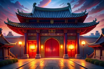 Fototapeta premium Vibrant chinese temple entrance at sunset with lanterns