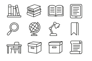 Icons glass globe library virtual magnifying icon vector open bookshelf lamp bookmark