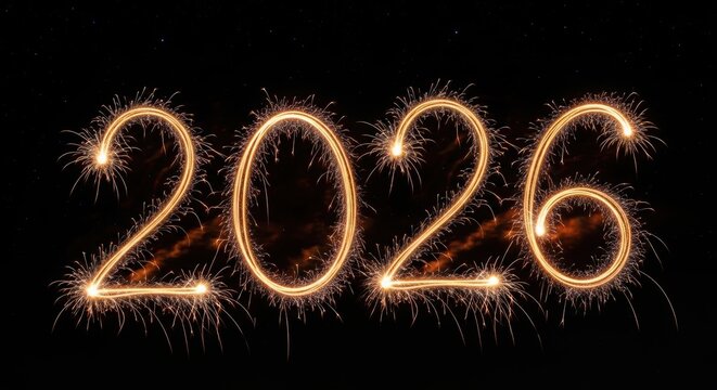 Sparkling 2026 New Year design created with sparklers on a black background perfect for holiday celebrations