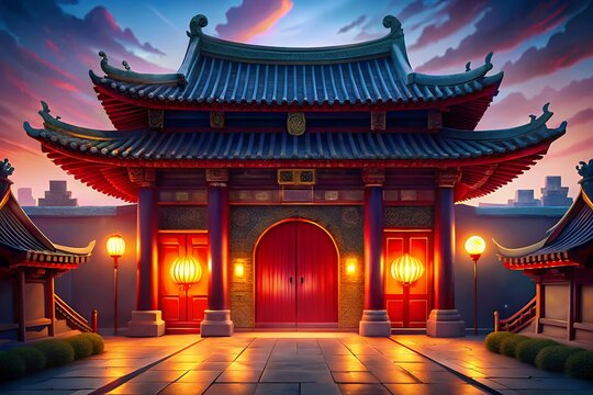 Vibrant chinese temple entrance at sunset with lanterns