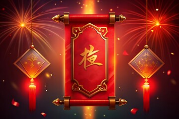 Vibrant chinese new year celebration with red scroll and fireworks