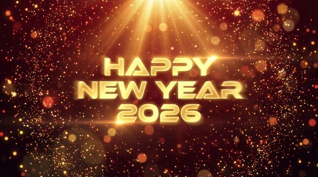 Golden happy new year 2026 text with sparkling gold dust particles and glowing light rays reflecting festive holiday season greetings and future prosperity