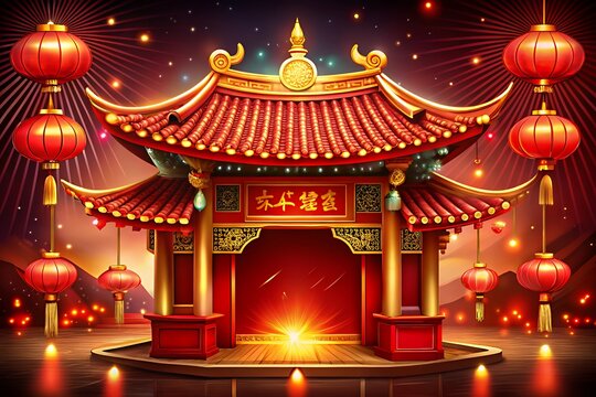 Vibrant chinese pagoda illuminated by red lanterns and festive lights