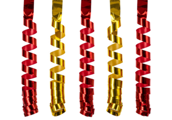Five festive red and gold metallic curling streamers hanging vertically in a row isolated on transparent background