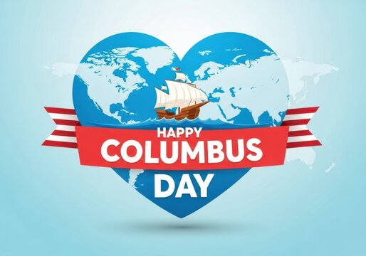 Celebrate columbus day with a heartshaped world map, a sailing ship, and a festive banner isolated on a light blue background