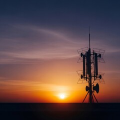 Silhouette of a telecommunication tower with antennas against a vibrant sunset sky. Modern communication infrastructure for 5G network connectivity.