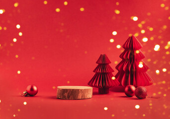 Festive Christmas podium with glitter for product display and advertising campaigns. 